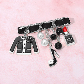 Lady Jacket Pearl High Heel Lipstick Charm Drop Pin Brooch