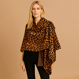 Leopard Pattern Printed Knit Ruana Shawl Poncho