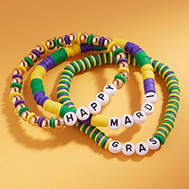 3PCS - HAPPY MARDI GRAS Message Beaded Stretch Multi Layered Bracelets