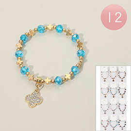 12PCS - Stone Paved Quatrefoil Charm Cross Faceted Beaded Stretch Bracelets