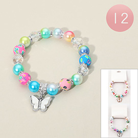 12PCS - Butterfly Charm Accent Multicolor Pearl Beaded Stretch Bracelets