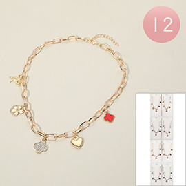 12PCS - Quatrefoil BOw Flower Heart Charm Station Paperclip Chain Necklaces