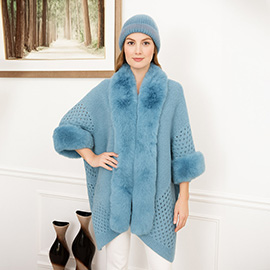 Faux Fur Trim Open Knit Cape Poncho