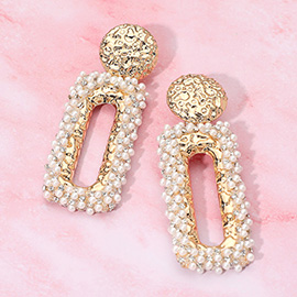 Bold Pearl Embellished Open Hammered Metal Rectangular Drop Statement Earrings