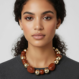 Chunky Resin Pebble Metal Ball Beaded Statement Necklace