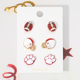3Pairs - Game Day Spirit Ball Helmet Paw Stud Earring Set
