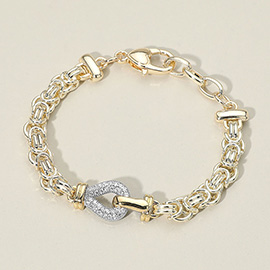 14K Gold Plated Two Tone CZ Stone Paved Loop Accent Abstract Chain Bracelet
