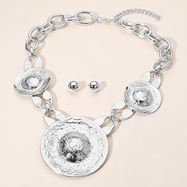 Bold Hammered Metal Disc Accent Statement Necklace