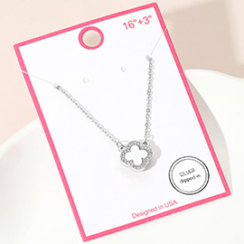 Silver Dipped Rhinestone Trim Quatrefoil Pendant Necklace