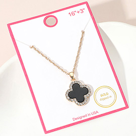Gold Dipped Rhinestone Trim Quatrefoil Pendant Necklace