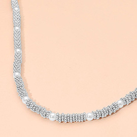 Pearl Accent Textured Metal Tube Beaded Necklace
