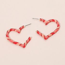 Enamel Twisted Candy Cane Open Heart Hoop Earrings