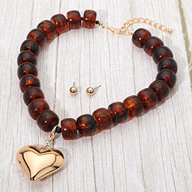 Puffy Metal Heart Pendant Chunky Beaded Statement Necklace