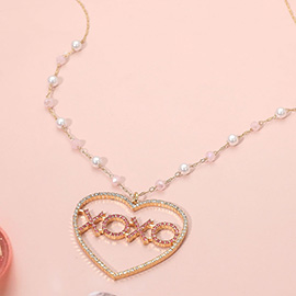 Stone Paved XOXO Heart Pendant Pearl Bead Station Chain Necklace