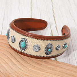 Turquoise Accent Western Concho Embellished Faux Leather Wide Headband