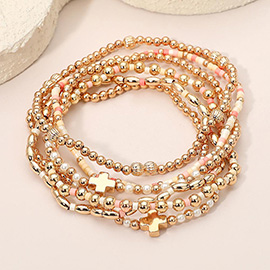 6PCS - Cross Charm Accent Seed Beaded Stretch Multi Layered Bracelets