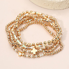 6PCS - Cross Charm Accent Seed Beaded Stretch Multi Layered Bracelets