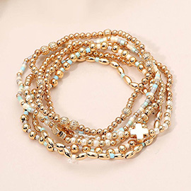 6PCS - Cross Charm Accent Seed Beaded Stretch Multi Layered Bracelets