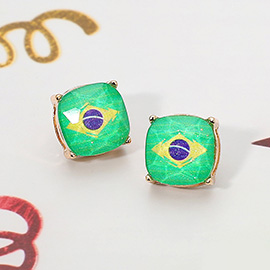 Brazil Flag Printed Faceted Cushion Stud Earrings