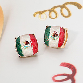 Mexico Flag Printed Faceted Cushion Stud Earrings