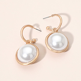 Round Pearl Bezel Drop Hoop Earrings