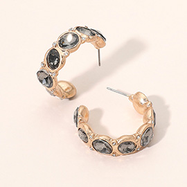 Oval Round Faceted Stone Embellished Open Hoop Earrings
