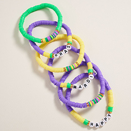 6PCS - HAPPY MARDI GRAS Message Heishi Beaded Stretch Multi Layered Bracelets