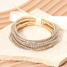 12PCS - Ribbon Slim Rhinestone Stretch Multi Layered Bracelet