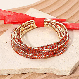 12PCS - Ribbon Slim Rhinestone Stretch Multi Layered Bracelet