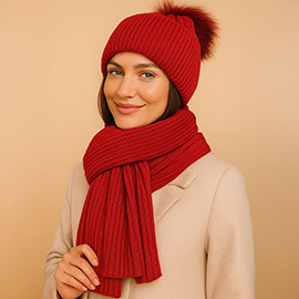 2PCS - Soft Ribbed Knit Scarf Genuine Fur Pom Beanie Hat Set