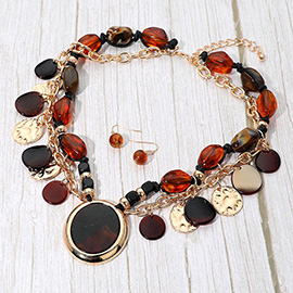 Bold Patterned Resin Oval Pendant Accent Layered Charm Station Pebble Beaded Statement Necklace