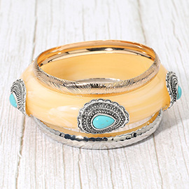 3PCS - Bold Boho Teardrop Stone Accent Resin Hammered Metal Multi Layered Bangle Bracelets