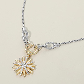 14K Gold Plated Two Tone CZ Stone Paved Sunburst Pendant Necklace