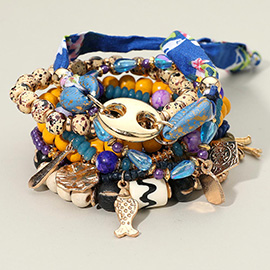 11PCS - Mixed Bird Fish Charm Beaded Stretch Adjustable Multi Layered Bracelets