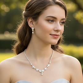 Elegant Marquise CZ Stone Cluster Pearl Accent Rhinestone Paved Necklace