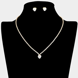 CZ Heart Stone Cluster Accent Rhinestone Paved Necklace