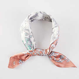 Baroque Floral Pattern Printed Square Silky Satin Bandana Scarf
