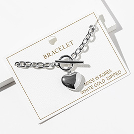 White Gold Dipped Puffy Heart Toggle Charm Chain Bracelet