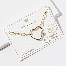 Gold Dipped CZ Stone Paved Open Heart Carabiner Charm Link Chain Magnetic Bracelet