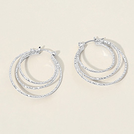 Silver Dipped Textured Triple Pin Catch Hoop Earrings
