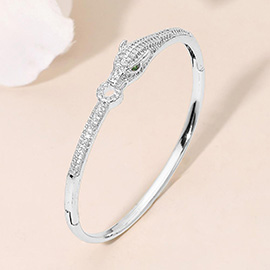 CZ Stone Paved Panther Leopard Head Accent Hinged Bangle Bracelet