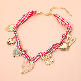 Heart Ribbon Mixed Charm Station Checkered Fabric Necklace