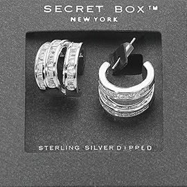 SECRET BOX_Sterling Silver Dipped Baguette Stone Accent Triple Split Hoop Earrings