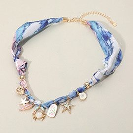Enamel Crab Starfish Shell Heart Floral Charm Fabric Scarf Necklace