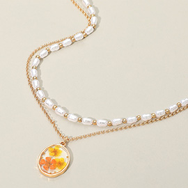 Floral Resin Pendant Pearl Metal Chain Layered Necklace