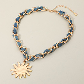 Brushed Hammered Metal Sun Pendant Denim Fabric Woven Chain Statement Necklace