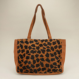 Genuine Leather Calf Fur Chic Leopard Pattern Shoulder Tote Bag