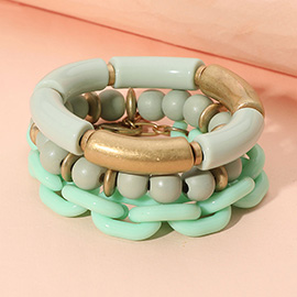 3PCS - Bold Wooden Mixed Beaded Stretch Resin Link Multi Layered Bracelets