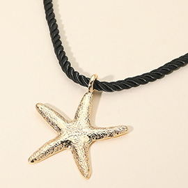 18K Gold Dipped Textured Metal Starfish Pendant Braided Cord Necklace