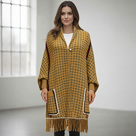 Open Front Houndstooth Fringe Knit Poncho